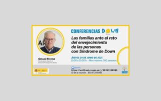 Locandina incontro online Down Espana 25 giugno21 sull'invecchiamento delle persone con sindrome di Down
